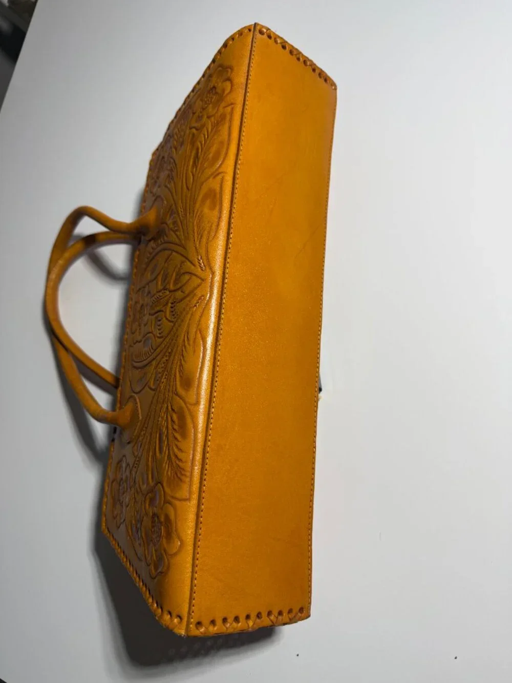 Alexis David Yellow Tooled Embossed Leather Handbag Purse Large Whipstitch NEW